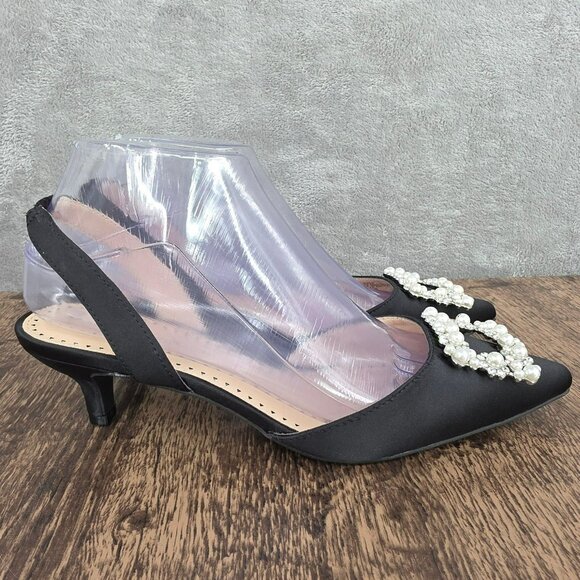 Adrienne Vittadini Suza Slingback Kitten Heels 7.5 Black Pearl Rhinestone Formal - Picture 6 of 15